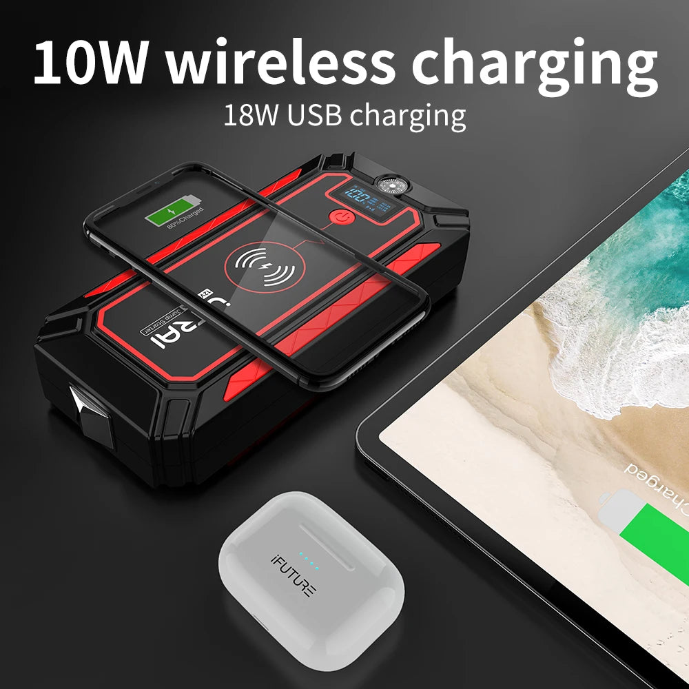 UTRAI Jump Starter 2500A Power Bank 10W Wireless Charger Safety Hammer 12V Emergency Starter Auto Car Booster Battery