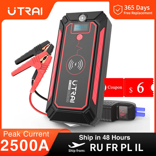 UTRAI Jump Starter 2500A Power Bank 10W Wireless Charger Safety Hammer 12V Emergency Starter Auto Car Booster Battery