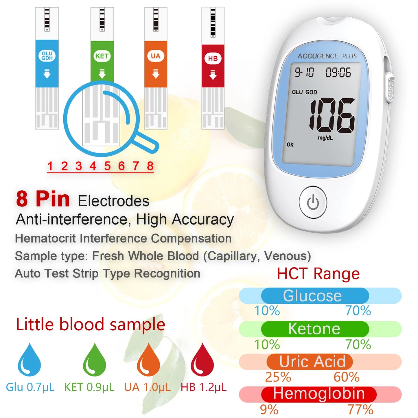 4 in 1 Multifunction Monitor Hemoglobin Blood Ketone Glucose Uric Acid Meter Test Strip HB Anemia Test Blood Sugar Diabetes Gout